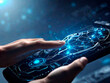 © ismael - Close up of human hands using tablet pc with glowing brain hologram.IA generativa