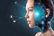 © ismael - Future technology and internet of things (IoT) concept. Young woman face and virtual interface.IA generativa