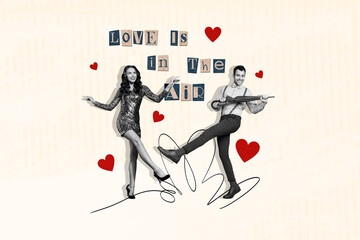 Poster - Collage pinup pop image of funky carefree couple dancing enjoying love in the air isolated beige color background