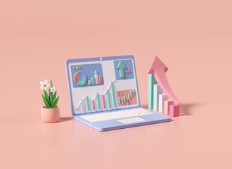 Financial data analysis, dashboards, and business financial reports Investment or SEO website. PC concept. 3D illustration.