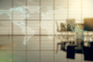 Aufkleber - Multi exposure of abstract creative digital world map hologram on a modern conference room background, tourism and traveling concept