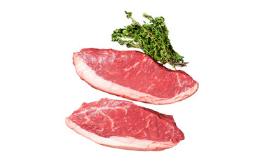 Wall Mural - Raw top sirloin steak, cap rump beef meat steak on kitchen tray with spices.  Transparent background. Isolated.