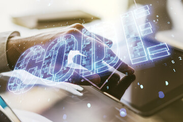 Aufkleber - Creative Code word hologram and finger clicks on a digital tablet on background, artificial intelligence and neural networks concept. Multiexposure