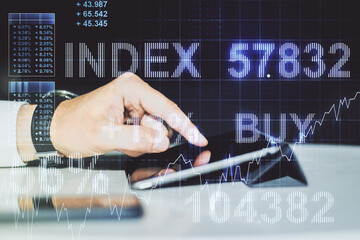 Poster - Multi exposure of abstract creative financial chart with finger presses on a digital tablet on background, research and analytics concept