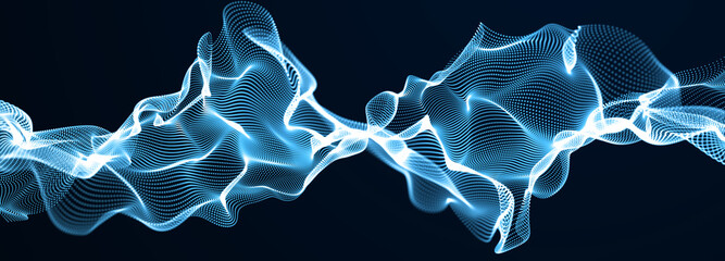 Fototapete - Abstract background of points. Wave of cyber particles. Big data stream. 3d rendering
