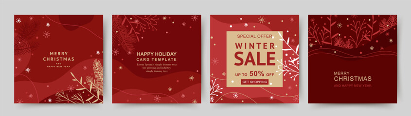 Wall Mural - Winter holidays square template. Minimal backgrounds with Christmas tree branches and snowflakes. Winter sale. Vector illustration for greeting card, mobile app, social media post, poster, flyer
