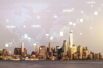 Poster - Multi exposure of virtual abstract financial graph hologram and world map on Manhattan cityscape background, financial and trading concept