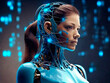 © ismael - 3d rendering of a female cyborg with blue circuit on her head.IA generativa