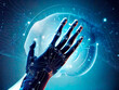 © ismael - Close up of robot hand with digital brain hologram over blue background.IA generativa