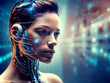 © ismael - Futuristic cyborg woman looking at camera over futuristic background.IA generativa