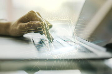 Aufkleber - Double exposure of creative human brain microcircuit with hand typing on computer keyboard on background. Future technology and AI concept