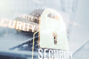 Poster - Creative lock illustration with microcircuit and hands typing on computer keyboard on background, cyber security concept. Multiexposure