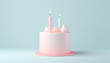 Birthday cake pastel colored 3D with number two and candles. Delicious 2 Anniversary candle. Confetti pink and blue background Copy space Happy Birthday concept