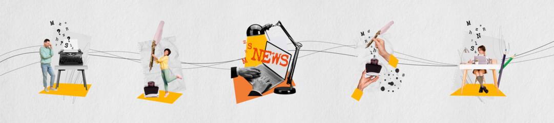 Poster - Panorama collection illustration collage of storytelling mass media sources working journalist writing news isolated on white background