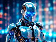 © ismael - 3d rendering robot cyborg with colorful bokeh light background.IA generativa