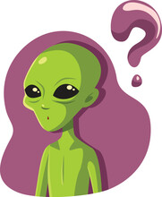 Confused Alien Character Wondering Asking Questions Vector Cartoon. Green Martian Man Feeling Puzzled And Concerned About Human Existence 
