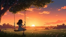 Anime Style Woman Sitting On A Swing With A View Of Sunset And Butterflies. Seamless Time Lapse Virtual 4k Video Animation Background. Generated With AI
