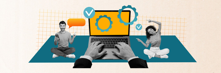 Poster - Creative collage of mini black white colors people use smart phone dialogue bubble point finger big netbook arms typing cogwheel gear check mark