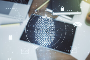 Poster - Multi exposure of creative fingerprint hologram and digital tablet on background, top view, personal biometric data concept