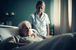 Young caregiver looks after elderly person, concept of generations, young and old