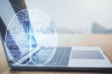 Poster - Double exposure of creative human brain microcircuit with computer on background. Future technology and AI concept