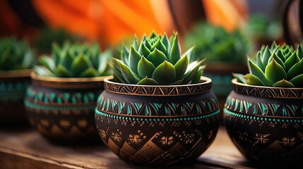 Decorative tropical Succulents in geometric ornamented flower pots in art deco style. Space for text