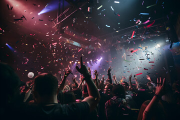 New Year's celebrations, a crowd of people dancing in the nightclub. AI Degenerative