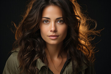 Portrait of beautiful young woman with wavy hair on dark background.