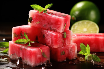 Wall Mural - Homemade watermelon popsicles with ice on table