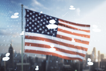 Poster - Abstract virtual social network hologram on USA flag and blurry skyscrapers background. Double exposure