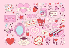 Set Of Y2k Pink Girly Clipart. Cute Cake, Milk, Rose Flower, Strawberry, Cassette, Vintage Mirror. Coquette Trendy Decor. 2000s Aesthetic. Glamour Vector Elements For Card, Poster, Collage Design.