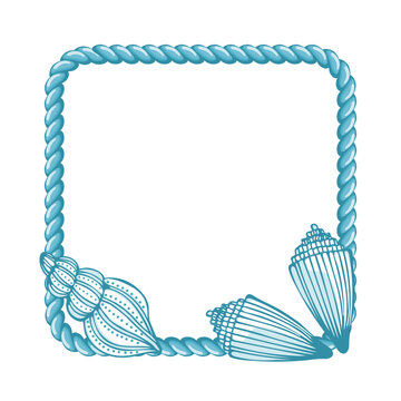 Blue sailor rope with hand drawn seashells isolated on white background. Marine background, frame