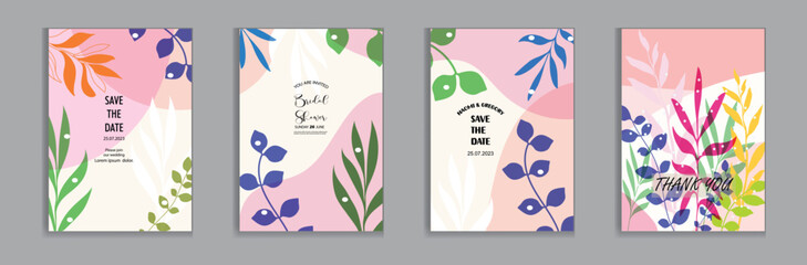 Vector bright and colorful  wedding cards, invitation template leaves, and flowers floral