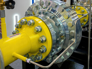 Poster - large gas pipe. pipeline with shale connection. large diameter pipe for gas supply. yellow and silve