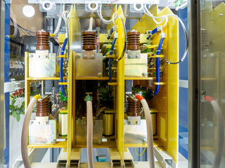 Poster - electric transformers. block several electrical modules. transformers for accumulation and distribut