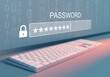 Password to protect personal data. Keyboard for entering security code. Password input field on virtual screen. Ensuring security of digital storage. Password to protect against unauthorized access
