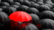 © Grispb - Red umbrella among many black ones. Metaphor individuality. Concept unique personality. Background for ads individuality or leadership. Backdrop for advertising. Background with umbrellas. 3d image
