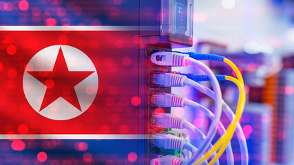 Poster - network equipment with north korea flag. digitalization dprc. internet equipment. concept supplying 