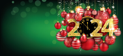 Wall Mural - Hanging Red Baubles Green Christmas Golden Clock 2024