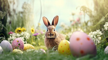 Easter Bunny And Easter Eggs In The Meadow With Flowers