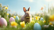 Easter bunny and easter eggs on green grass with flowers.