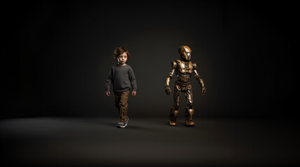 child and robot in black background