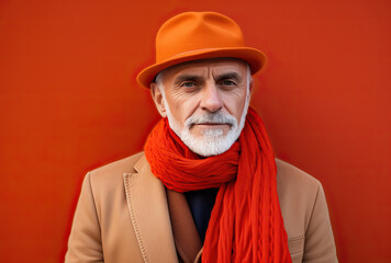 Wall Mural - Studio portrait of handsome fashionable well dressed senior man in front of orange background