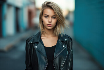 Wall Mural - Young beautiful woman in black leather jacket posing for a shot on city street