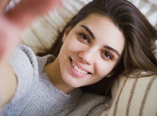 Sticker - Beautiful brunette caucasian young woman taking selfie lying on her bed at home, smiling face expression closeup portrait photography