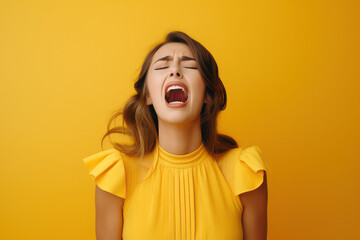 Upset woman, girl, female in yellow, orange t shirt screaming and crying with opened mouth and closed eyes against