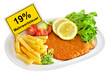 Schnitzel mit Pommes Frites und Deutsche Mehrwertsteuer MWST 19 % Hintergrund transparent PNG cut out