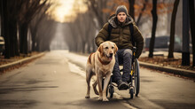 Young Man In A Wheelchair Is Accompanied By His Loyal Service Dog For A Walk