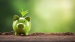 Smiling pig piggy bank with a stack of gold coins and a green plant growing,