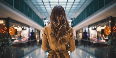 A woman with long hair from behind in a shopping mall doing shopping out of focus blurred background - generative ai